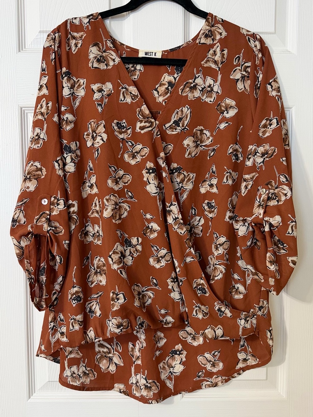 West K Rust Floral Wrap-Style Blouse